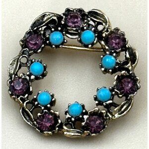 Vintage Gold Tone Circle Brooch With Purple & Blue Stones